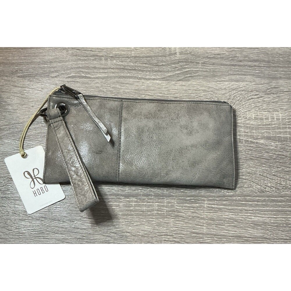 HOBO Bags Vida Wristlet Clutch 100% Leather Titanium Wrist Strap Full Zip NWT